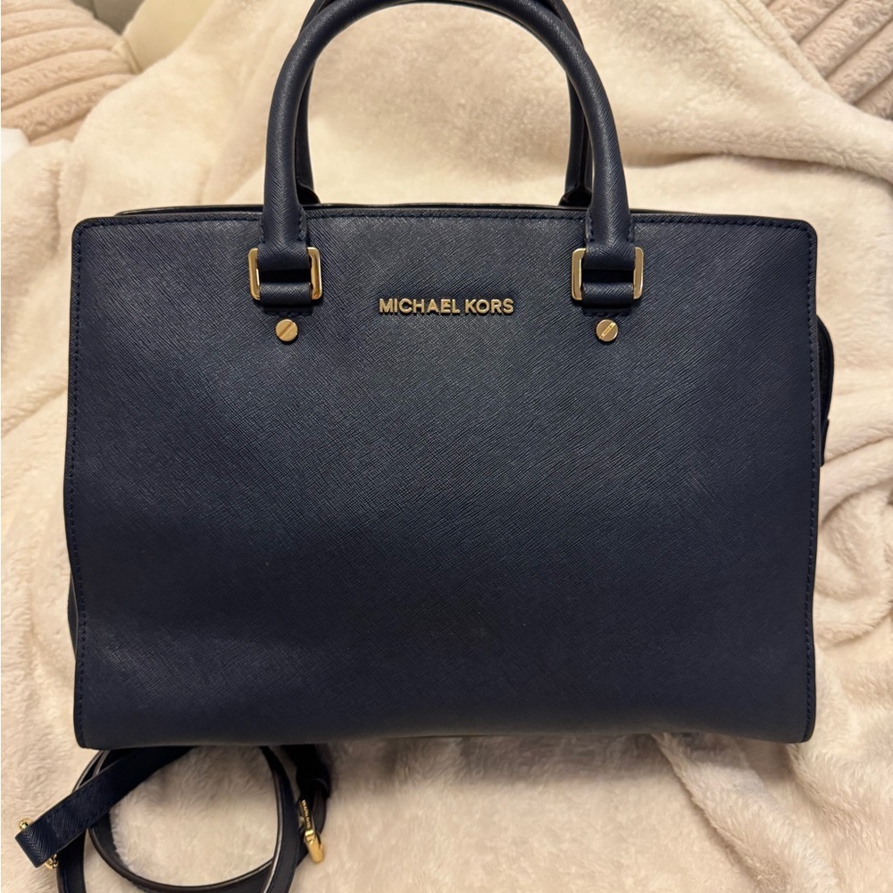 Michael Kors Dark Blue Satchel with Gold Accents